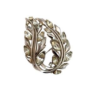 Trifari Vintage Silver Tone Rhinestone Leaf Brooch Pin